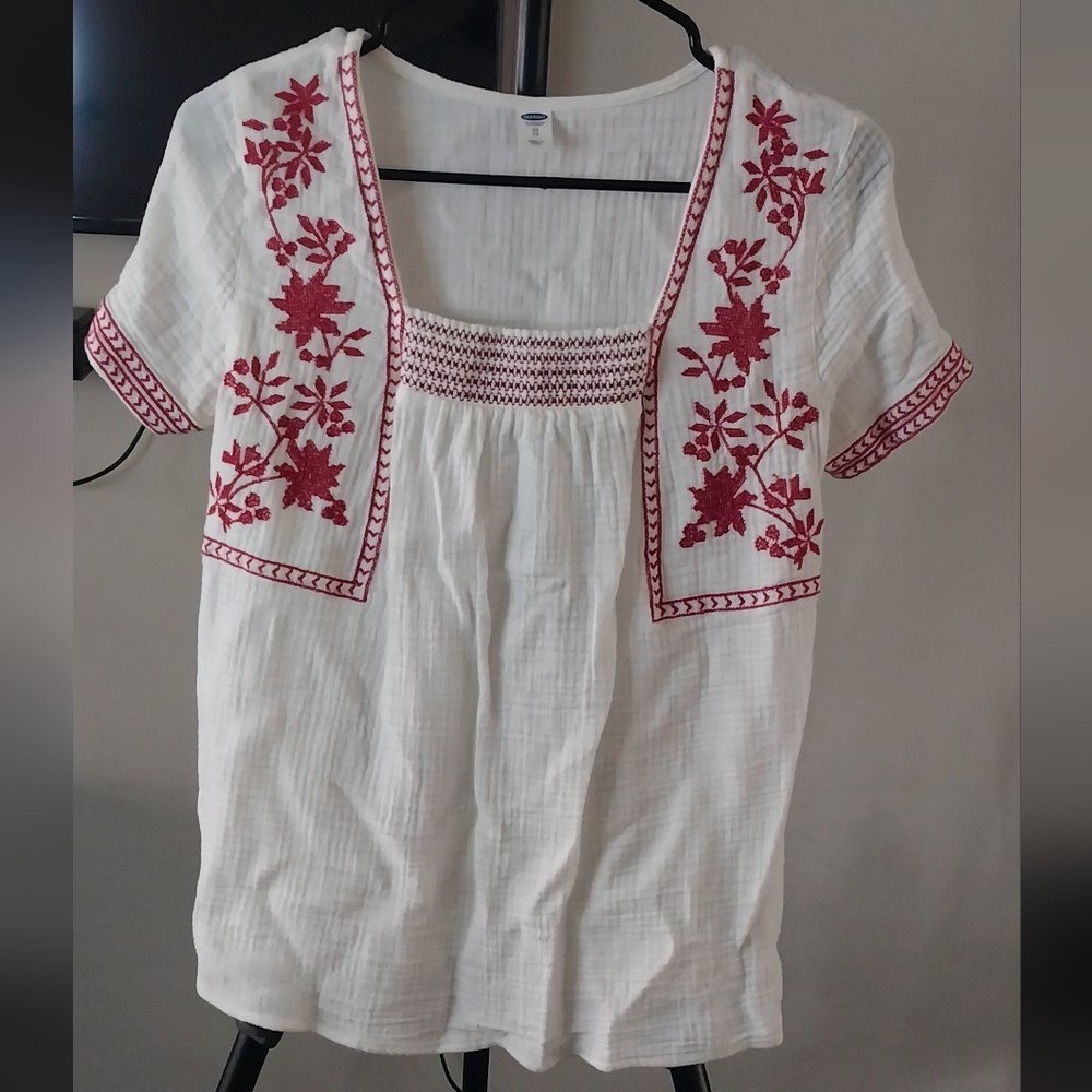 OLD NAVY Blouse Women Small Petite Floral Red Embroidered Square Neck Shirt Top